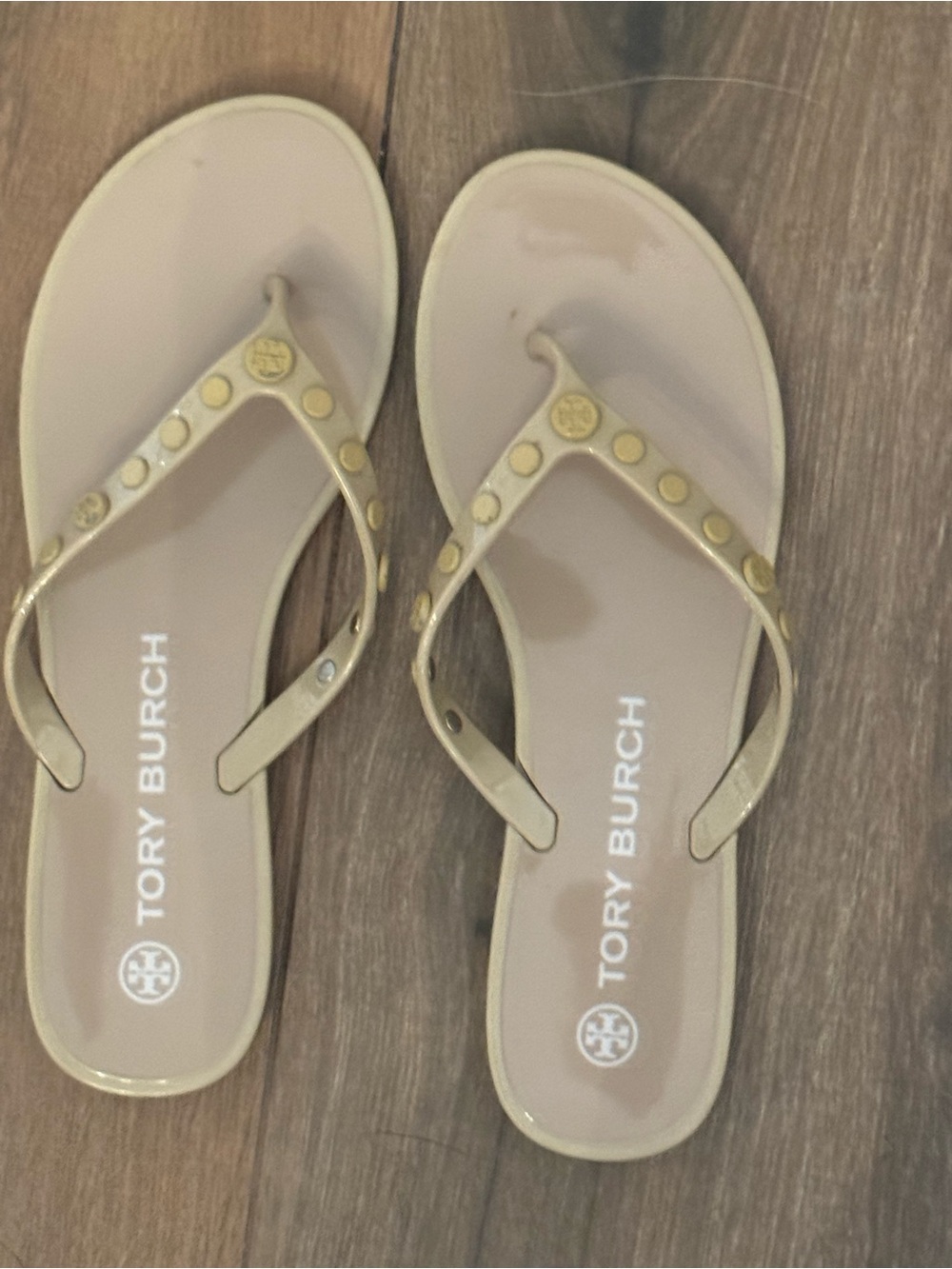 Tory Burch Nude and Gold Logo Stud Flip Flop Sandals